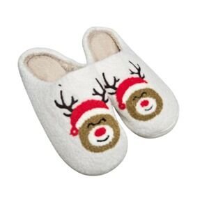 Reindeer Slippers Women Size 8-9 White Christmas Rudolph Plush Fuzzy Cozy Mules